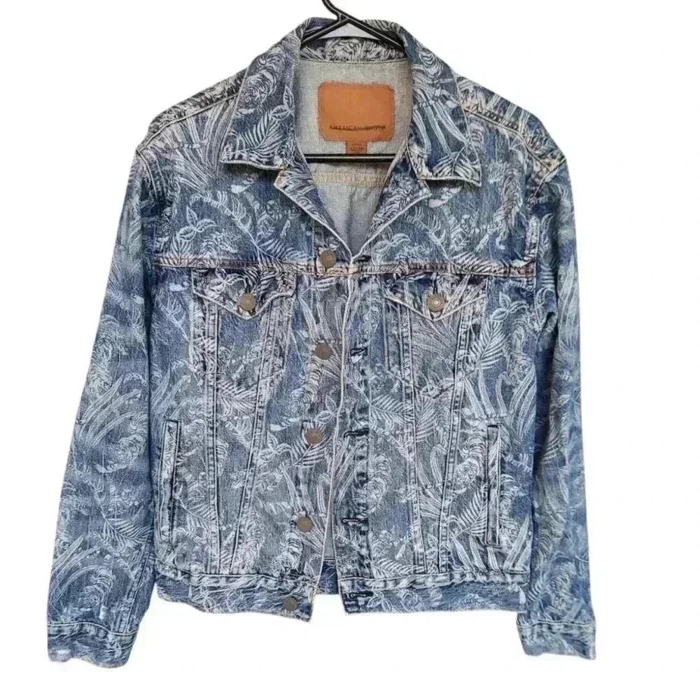 Mens American Eagle Leaf Print Denim Jacket
